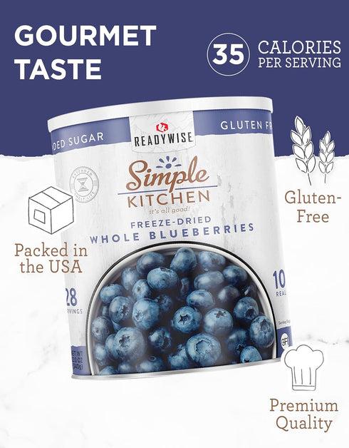 28 READYWISE - Simple Kitchen Freeze Dried Whole Blueberries, Servings, Vegan, Gluten Free, Fruit Snacks, Emergency