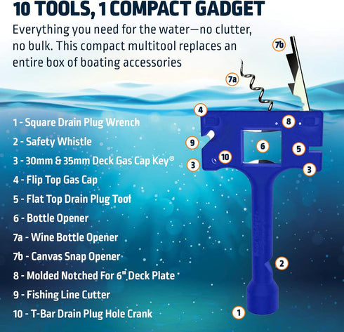 10-in-1 Boat Gadget Boat Tool - Must-Have Boat Accessory with Gas Cap Key, Fishing Line Cutter, Bottle Opener, Whistle