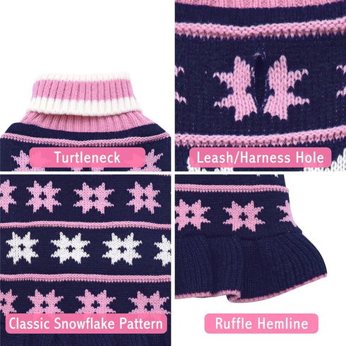 KYEESE Dog Sweater for Girl Dogs - Warm Pet Coats with Snowflake Pattern Knit Turtleneck Pullover, Navyblue, X-Large