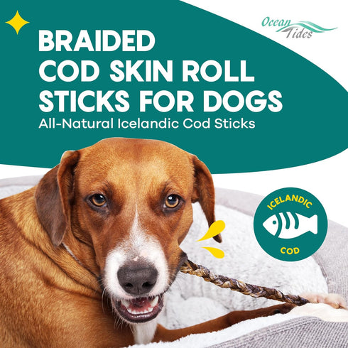 Ocean Tides Braided Icelandic Atlantic Cod Fish Skin Treats for Dogs and Cats - Dried Lean Crunch Sticks Chews