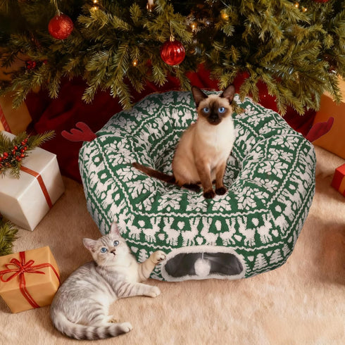 Petrendy Cat Tunnel Bed, Cute Cat Tunnels for Indoor Cats with Washable Mat, Hanging Ball, Collapsible Play Tunnel, Pet