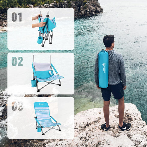 VILLEY Low Beach Chair, High Back Folding Chair for Adults, Lightweight and Portable for Outdoor, Camping, Lawn, Music