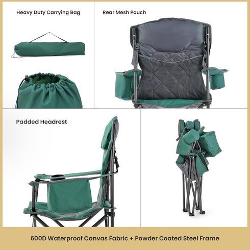 6-can 550 lbs ARROWHEAD OUTDOOR Portable Deluxe Folding Camp Quad Chair w/Headrest, Glass & Cup Holders, Armest Cooler