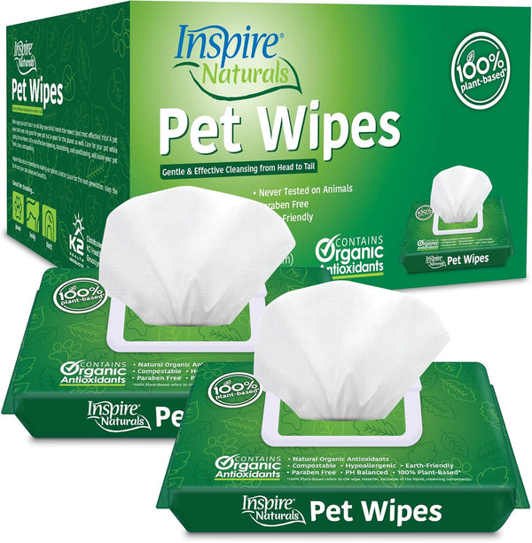 Inspire Naturals Pet Wipes for Dogs and Cats - 100% Natural Plant Based with Organic Antioxidants, 2 Pack