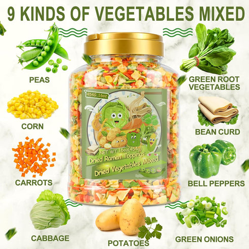 9-Veggie 16oz 1 LB Toppings for Ramen, All Natural Vegetable Instant Ramen Toppings, Dehydrated Veggies for Noodles