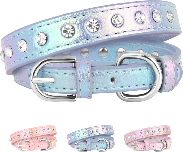 Beirui Bling Rhinestone Dog Collar, Cute Bedazzled PU Leather Collar with Sparkling Crystals for Small Medium Dogs
