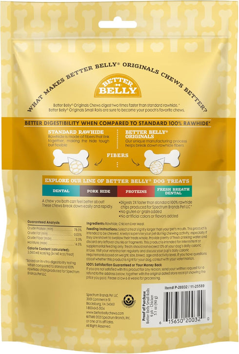 Better Belly Highly Digestible Rawhide Small Roll Chews, Dog Treat, NO Artificial Colors or Flavors