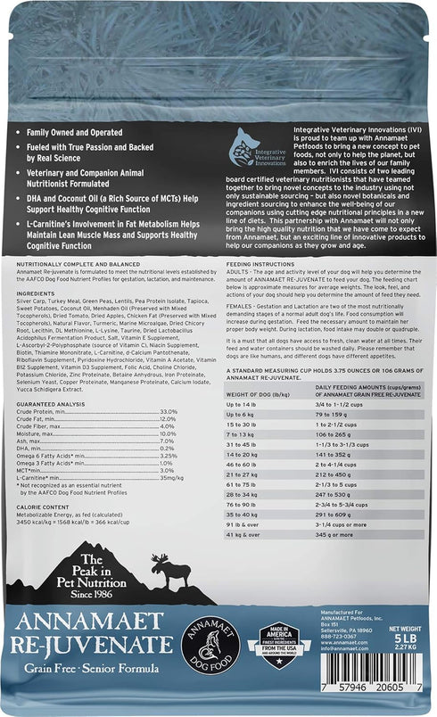 Annamaet Grain-Free Re-Juvenate Senior Dry Dog Food, Fresh Silver Carp & Turkey, 5-lb Bag, Brown