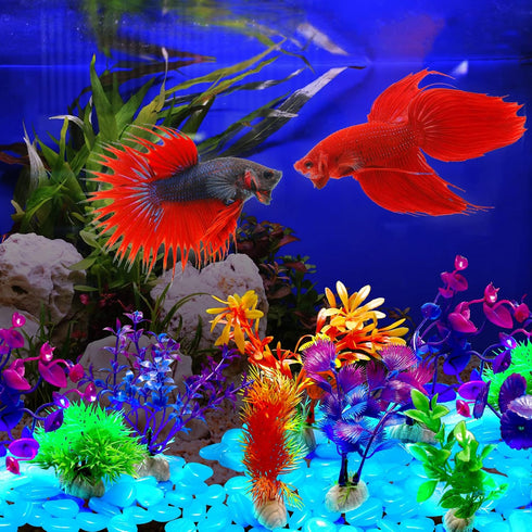 Jexine 100 Pcs Fish Tank Rocks Glow Blue, Fish Tank Stones Accessories with 10 Pack Artificial Aquatic Plants