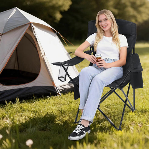 BALAPET Folding Padded Camping Chair with Cushion, Large Padded Outdoor Chair with Cup Holder Storage and Cooler Bag