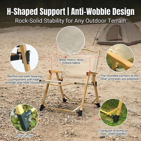 11.6 Folding Camping Chair, Outdoor Chair with Wooden Armrests,Folding Chair for Camping, Hiking, Beach, Picnic, Indoor
