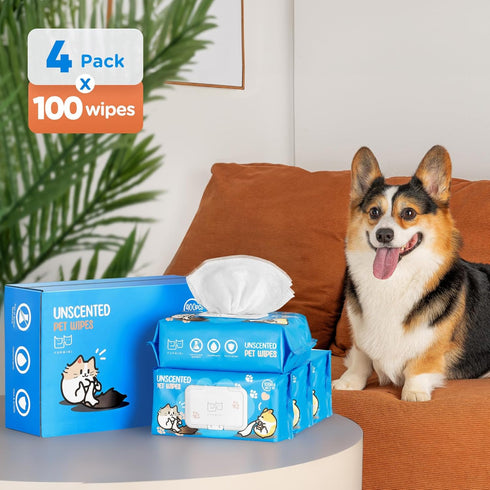 Unscented Pet Wipes (400pcs) - Hypoallergenic, Alcohol-Free for Sensitive Skin - Safe for Dogs & Cats