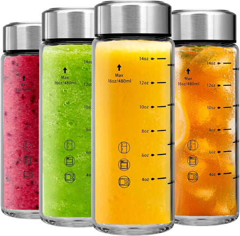 Glass Juice Bottles 4 Pack 16 oz - Wide Mouth Glass Water