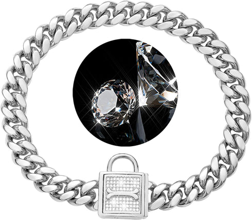PRADOG Chain Dog Collar with Zirconia Locking 12mm High Polished Cuban Link Chain Metal Stainless Steel Luxury Dog