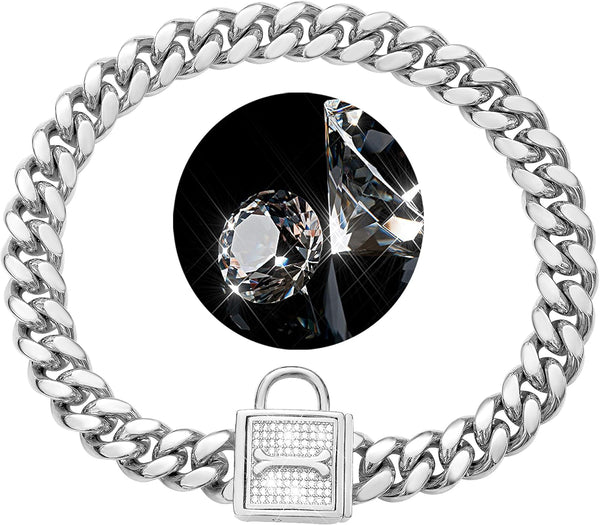 PRADOG Chain Dog Collar with Zirconia Locking 12mm High Polished Cuban Link Chain Metal Stainless Steel Luxury Dog