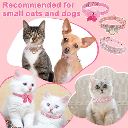 9 Pieces Pink Rhinestones Dog Collar, PU Leather Bling Crystal Collars with Bow, Bone, Heart, Flower for Pets