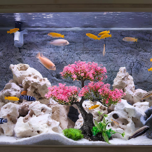 VICASKY Aquarium Artificial Decoration Set - Pink Cherry Blossom Tree & Grass Decor for Goldfish Tank