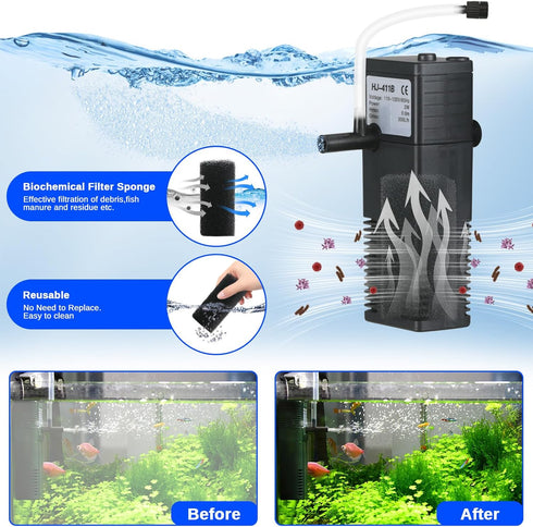 Aquarium Filter Small Betta Fish Tank Water Filter for 5-15 Gallon Fish Turtle Shrimp Tank Submersible Aquarium Internal Filter 4-in-1 Adjustable Air Flow 79 GPH Biochemical Silent Rainwater 10 Gal. by TARARIUM