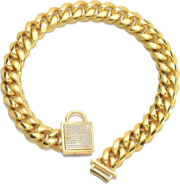 Designer Dog Collar, Gold Metal Stainless Steel with Zirconia Lock, 14mm 18K Gold Big Dog Luxury Training Collar, 24