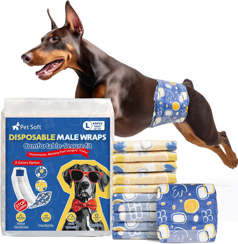 Pet Soft Dog Diapers Male,40 Ct Disposable Male Dog Wraps, Super Absorbent