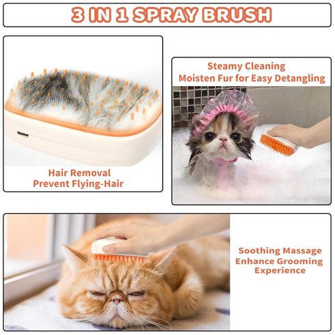 3 in 1 Steam Cat Hair Brush - Spray, Massage, Bath Cleaning for Dogs and Cats, Soft Silicone Brush, Self-Cleaning
