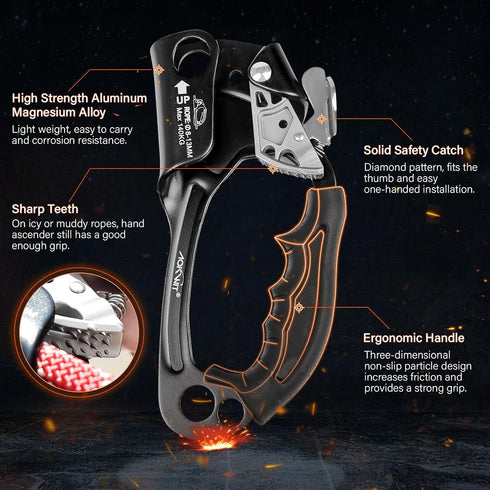 Hand Ascender Climbing Gear, High Strength Aluminum Alloy with Ergonomic Rubber Handle for Rock Climbing
