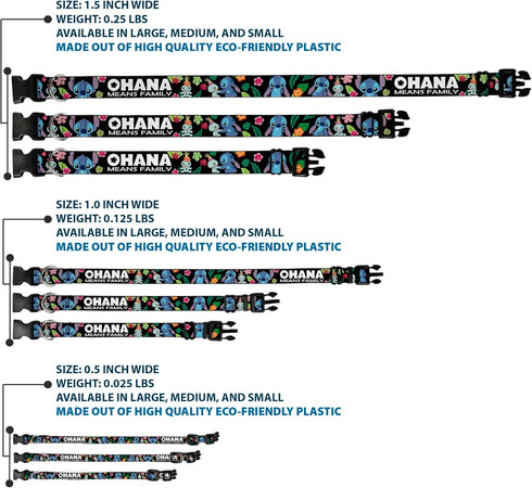 Buckle-Down Plastic Clip Collar - OHANA MEANS FAMILY/Stitch & Scrump Poses/Tropical Flora, Small, 9-15" Neck