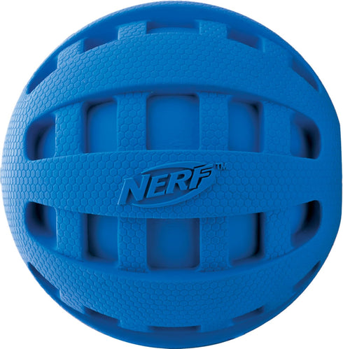 Nerf Dog Blue Rubber Ball Toy with Checkered Squeaker, Lightweight, Durable, Water Resistant, 4 Inch Diameter, Single