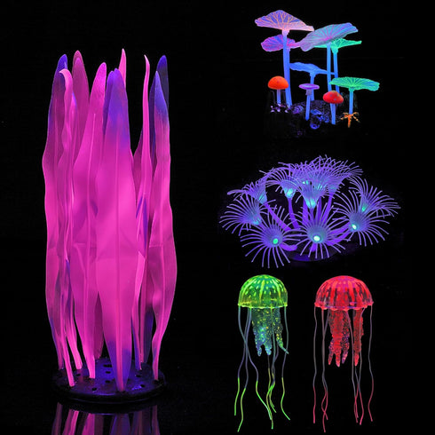 Lpraer 5 Pack Glow Aquarium Decorations, Kelp Coral Mushroom Jellyfish Simulation Plants for Fish Tank