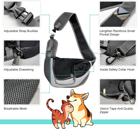 Dog Sling Carrier, Hand-Free Pet Puppy Sling Bag for Small Dogs and Cats, Outdoor Travel Satchel, Medium, Grey
