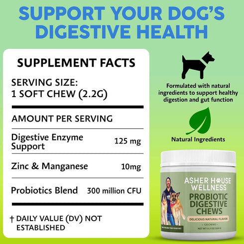 Upset 120 Asher House Wellness Probiotics Digestive Chew for Dogs - Dog Probiotic, Digestive Enzymes for Gut Health