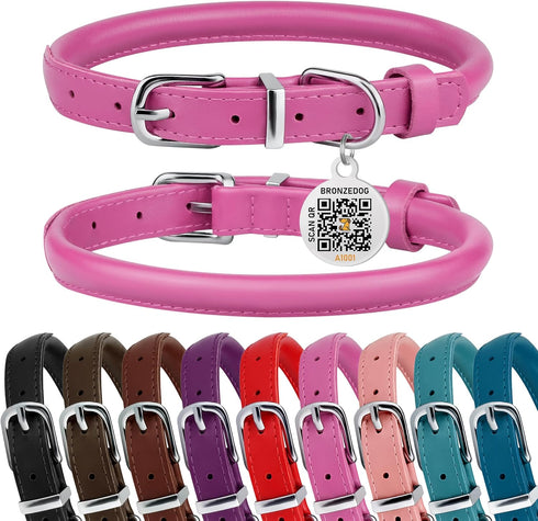 BRONZEDOG Rolled Leather Dog Collar with QR ID Tag, Hot Pink, for Small Medium Large Dogs (S: 12-14 Inch)