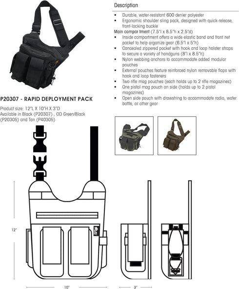 Rapid Deployment Pack, Heavy Duty Water Resistant Fabric, Ergonomic Sling Pack with Concealed Pocket