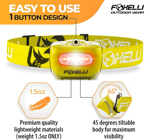 Foxelli LED Headlamp Flashlight - Lightweight & Waterproof for Adults & Kids, Running, Camping, Hiking with 3 AAA