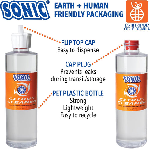 SONIC 8 oz, Citrus Skate Bearing Cleaner, Cleans Inline Skate, Roller Skate and Skateboard Bearings, Earth friendly