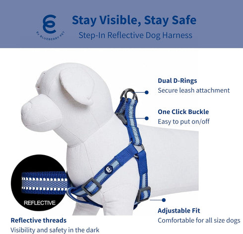 Blueberry Pet Essentials Step-in Reflective Dog Harness, Navy Blue, Small, Adjustable for Chest Girth 16.5" - 21.5"