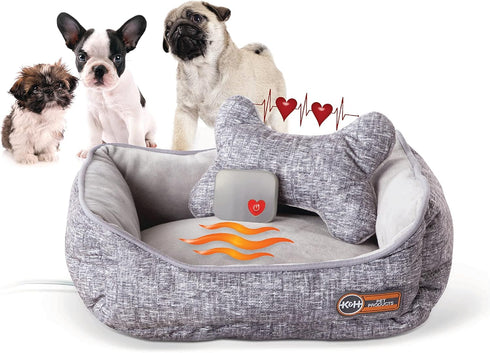 K&H Pet Products Mother's Heartbeat Heated Dog Bed with Bone Pillow, Heartbeat Puppy Toy, Gray 11 X 13 Inches