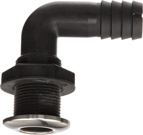Seachoice 90-Degree Thru-Hull Connector, Fits 1-1/8 in. ID Hose, Max Hull 1-3/8 in., White