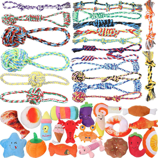 Leyndo 40 Pack Dog Chew Toys for Aggressive Dogs, Plush Squeaky and Rope Toys for Medium and Large Breeds