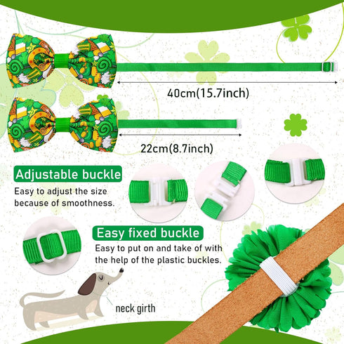 24pcs St. Patrick's Day Dog Bow Ties, Adjustable Green Pet Collar Attachment, Lucky Clover Bowties for Dogs