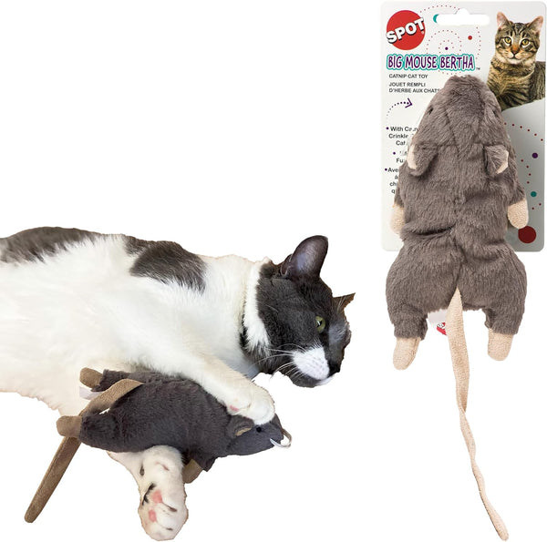 SPOT Big Mouse Bertha Cat Toy with Catnip, Lifelike Plush Mouse, Crinkle Sound, Large 7in Size for Cuddling & Playing