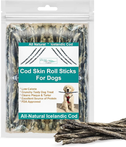 Ocean Tides Icelandic Atlantic Cod Fish Skin Treats for Dogs and Cats - Dried Lean Crunch Sticks Chews