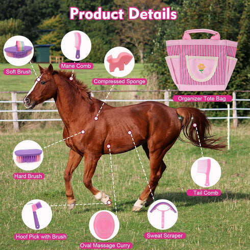 9Pcs Set Horse Grooming Brush Kit, Horse-Brush with Organizer Tote Bag, Shower Brushes, Braiding Comb, Sweat Scraper