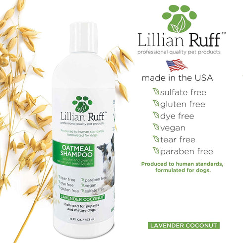 Lillian Ruff Calming Oatmeal Pet Shampoo 16oz for Dry Skin & Itch Relief, Tearless Dog Shampoo with Aloe