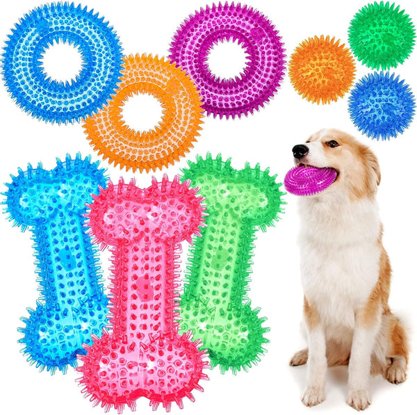 9 Pcs Dog Squeaky Toys Set - Bone and Donut Shape Teething Toys for Small and Medium Dogs, TPR Rubber Chew Toy