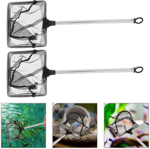 2pcs Toyvian Aquarium Net with Extendable Stainless Steel Handle Square Telescoping Fish Catching Net for Fish Tank