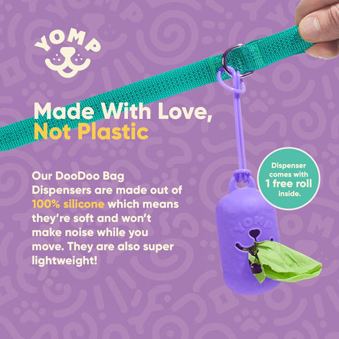 Yomp Poop Bag Holder Silicone Dog Waste Bag Dispenser for Leash Attachment Reusable Dog Poop Bag Holder - No Jingling.
