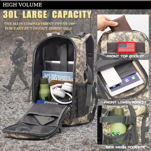 Outdoor Plus Camo Backpack for School, 30L/40L Waterproof Day Pack for Boys