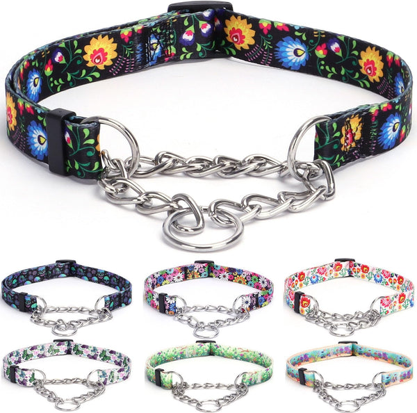 Heavy Duty Floral Pattern Martingale Collar for Dogs, Nylon Training Dog Collar with Flowers Design (M, Black)