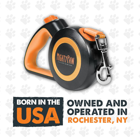 Mighty Paw Retractable Dog Leash with Auto-Locking Button, Stainless Steel Coil & Reflective Ring for Safety